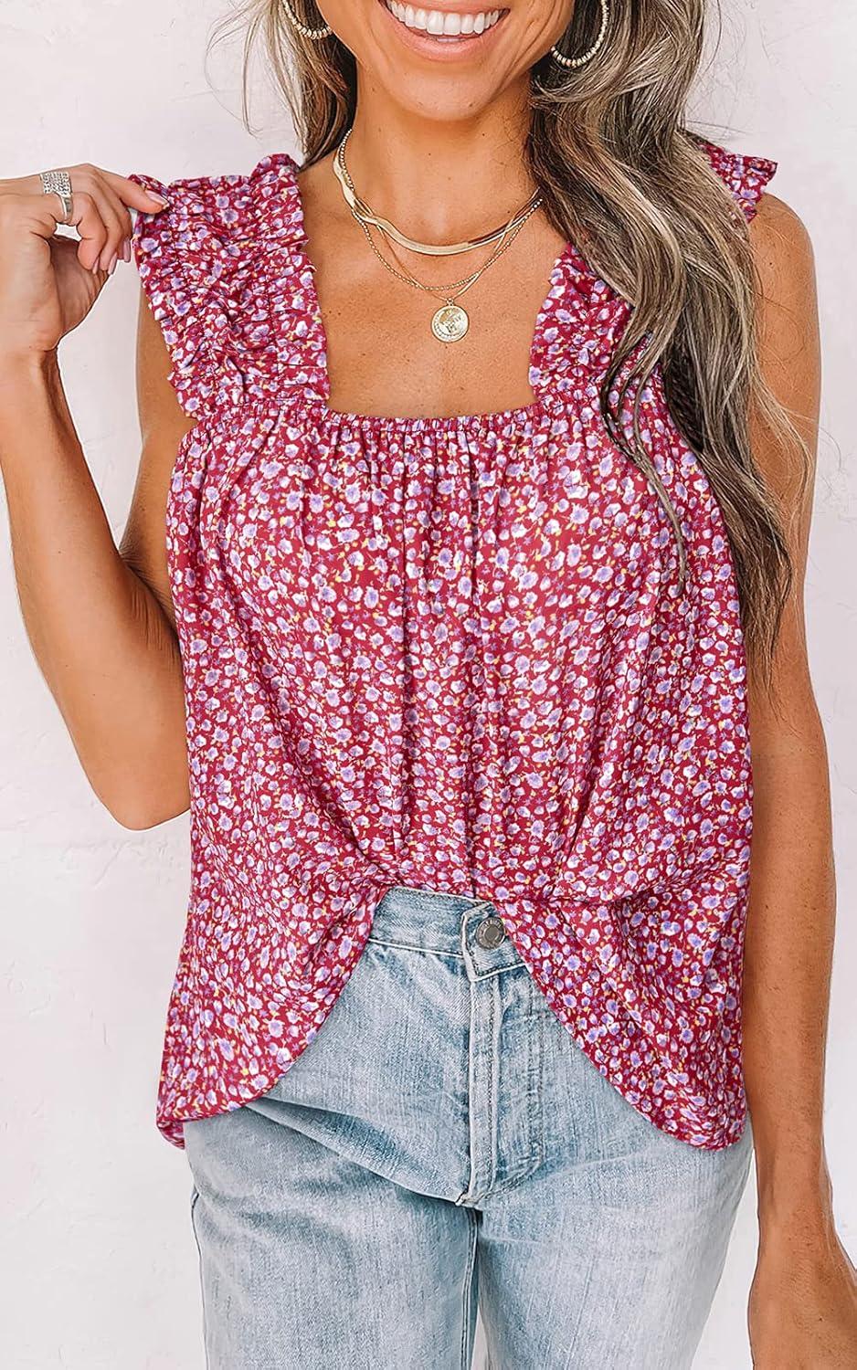 imagePRETTYGARDEN Boho Floral Tank Tops for Women Shirred Straps Pleated Summer Casual Sleeveless Shirts Tops Beach BlousesRed