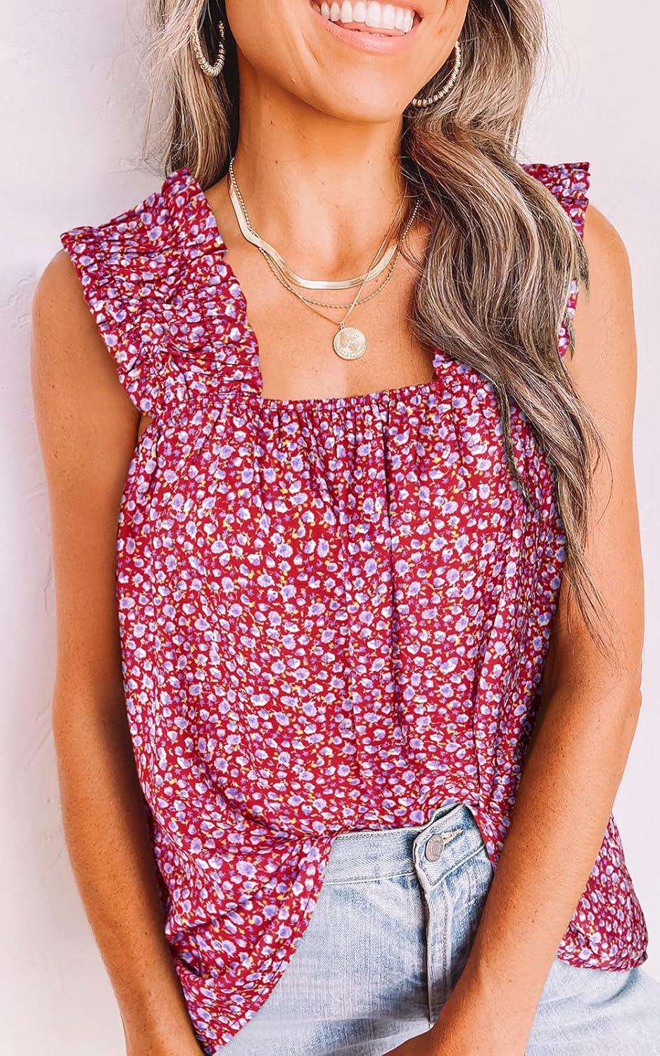 imagePRETTYGARDEN Boho Floral Tank Tops for Women Shirred Straps Pleated Summer Casual Sleeveless Shirts Tops Beach BlousesRed