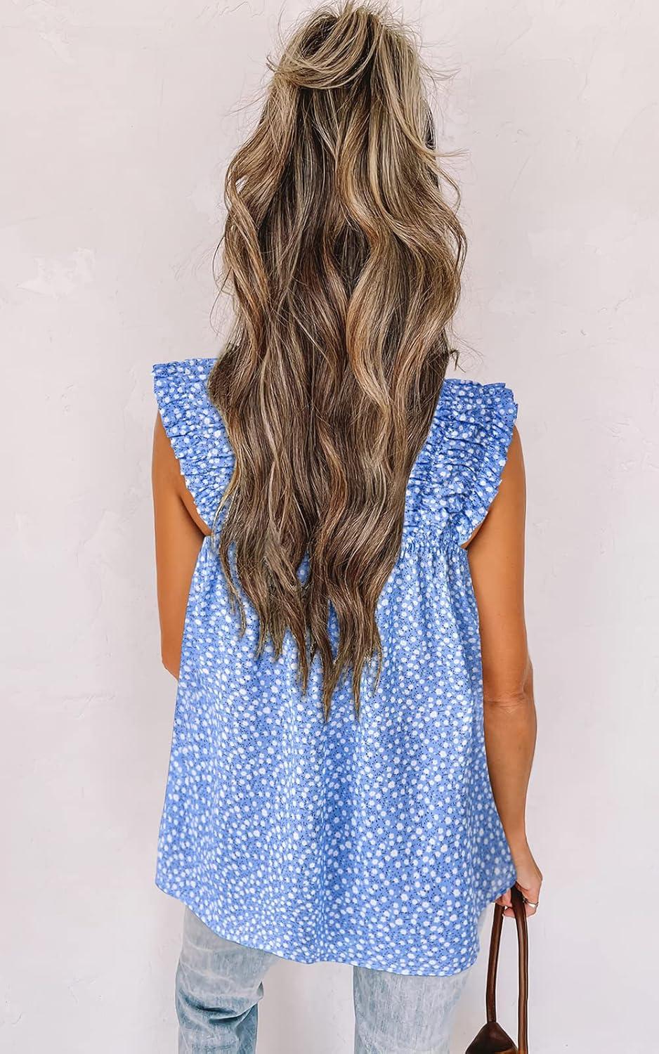 imagePRETTYGARDEN Boho Floral Tank Tops for Women Shirred Straps Pleated Summer Casual Sleeveless Shirts Tops Beach BlousesSky Blue White Flower