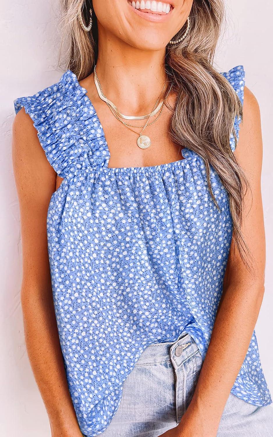 imagePRETTYGARDEN Boho Floral Tank Tops for Women Shirred Straps Pleated Summer Casual Sleeveless Shirts Tops Beach BlousesSky Blue White Flower