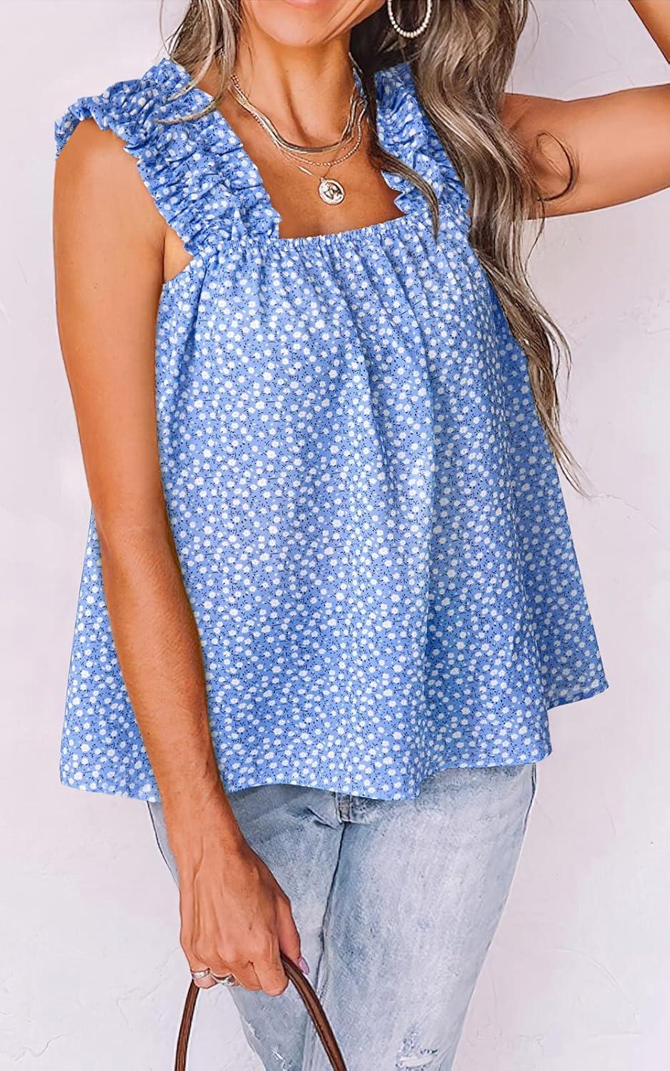 imagePRETTYGARDEN Boho Floral Tank Tops for Women Shirred Straps Pleated Summer Casual Sleeveless Shirts Tops Beach BlousesSky Blue White Flower