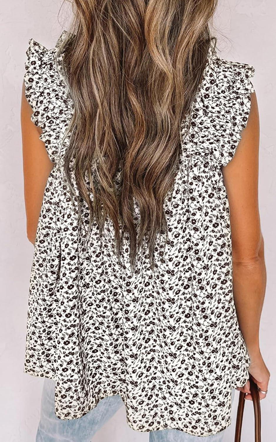 imagePRETTYGARDEN Boho Floral Tank Tops for Women Shirred Straps Pleated Summer Casual Sleeveless Shirts Tops Beach BlousesWhite