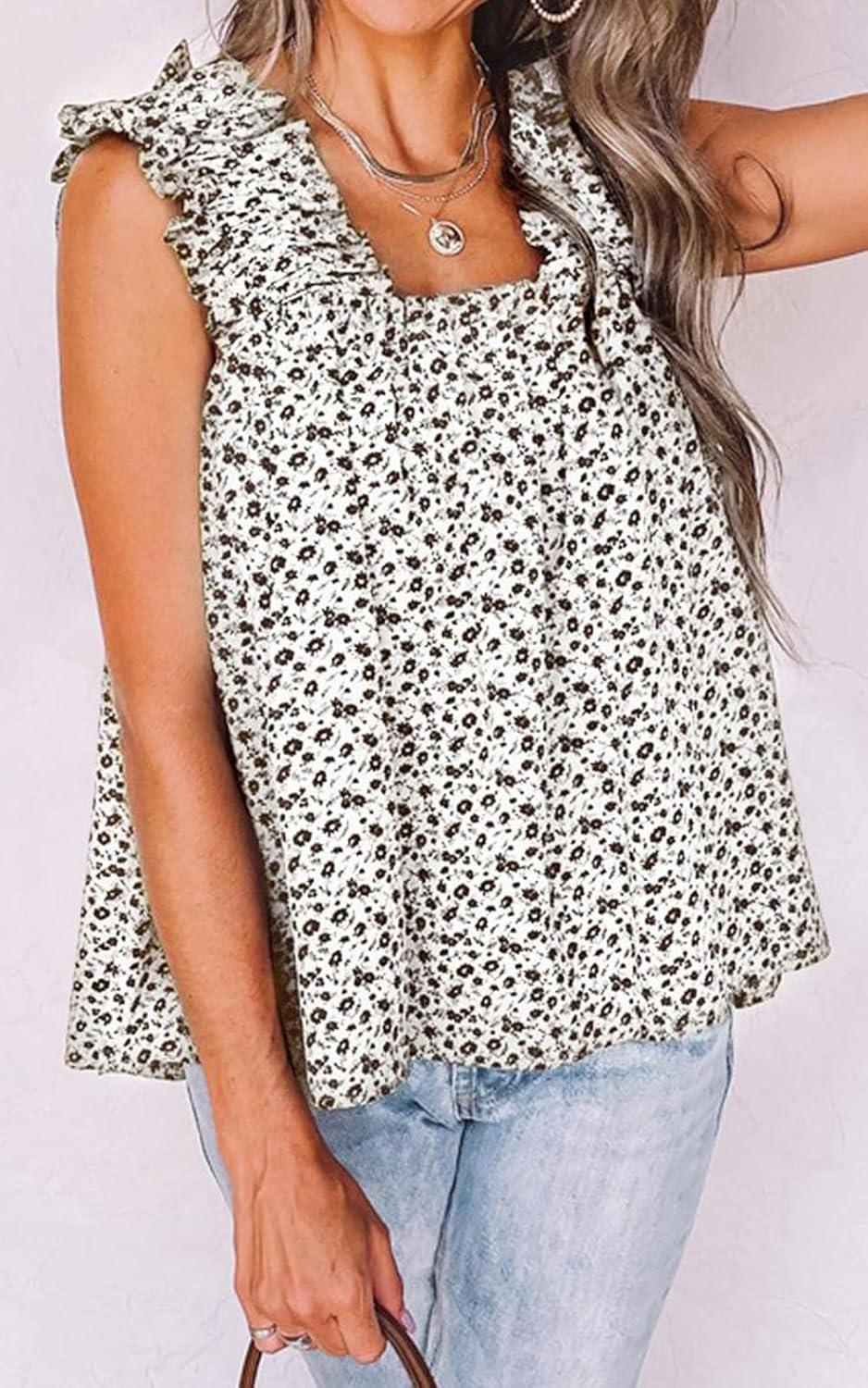 imagePRETTYGARDEN Boho Floral Tank Tops for Women Shirred Straps Pleated Summer Casual Sleeveless Shirts Tops Beach BlousesWhite