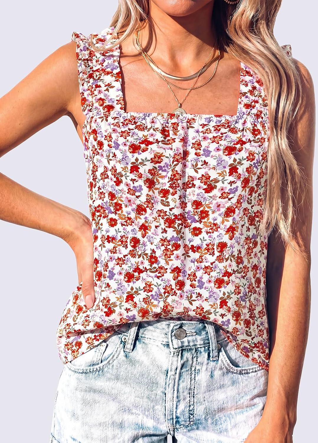 imagePRETTYGARDEN Boho Floral Tank Tops for Women Shirred Straps Pleated Summer Casual Sleeveless Shirts Tops Beach BlousesWhite Red Floral