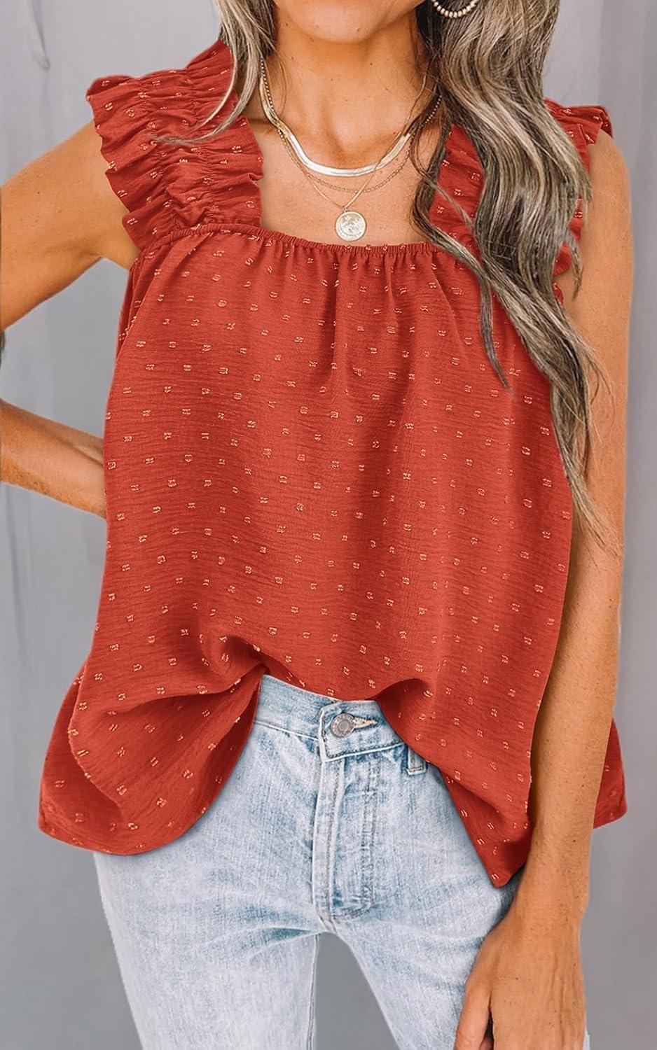 imagePRETTYGARDEN Boho Floral Tank Tops for Women Shirred Straps Pleated Summer Casual Sleeveless Shirts Tops Beach BlousesXbrick Red