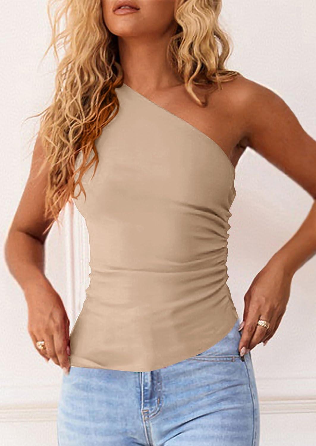 imagePRETTYGARDEN Womens 2026 Summer Y2K Tops Sleeveless One Shoulder Slim Fit Shirts Ruched Knit Asymmetrical Top BlouseApricot