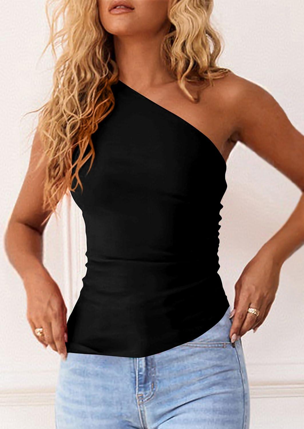 imagePRETTYGARDEN Womens 2026 Summer Y2K Tops Sleeveless One Shoulder Slim Fit Shirts Ruched Knit Asymmetrical Top BlouseBlack