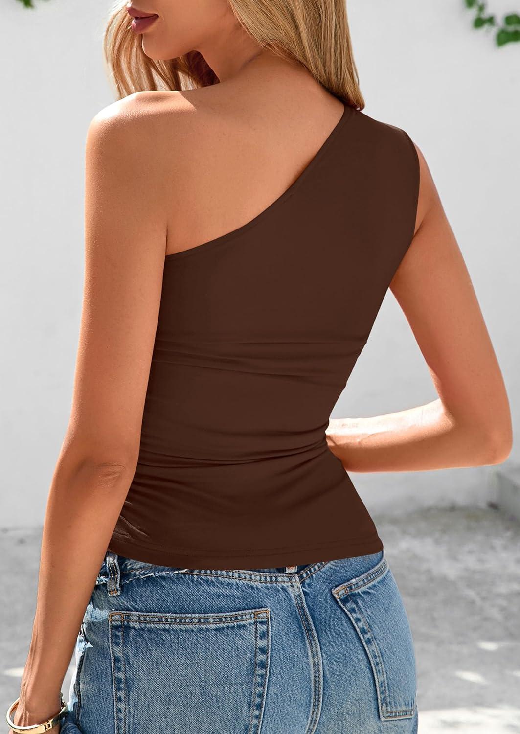 imagePRETTYGARDEN Womens 2026 Summer Y2K Tops Sleeveless One Shoulder Slim Fit Shirts Ruched Knit Asymmetrical Top BlouseBrown