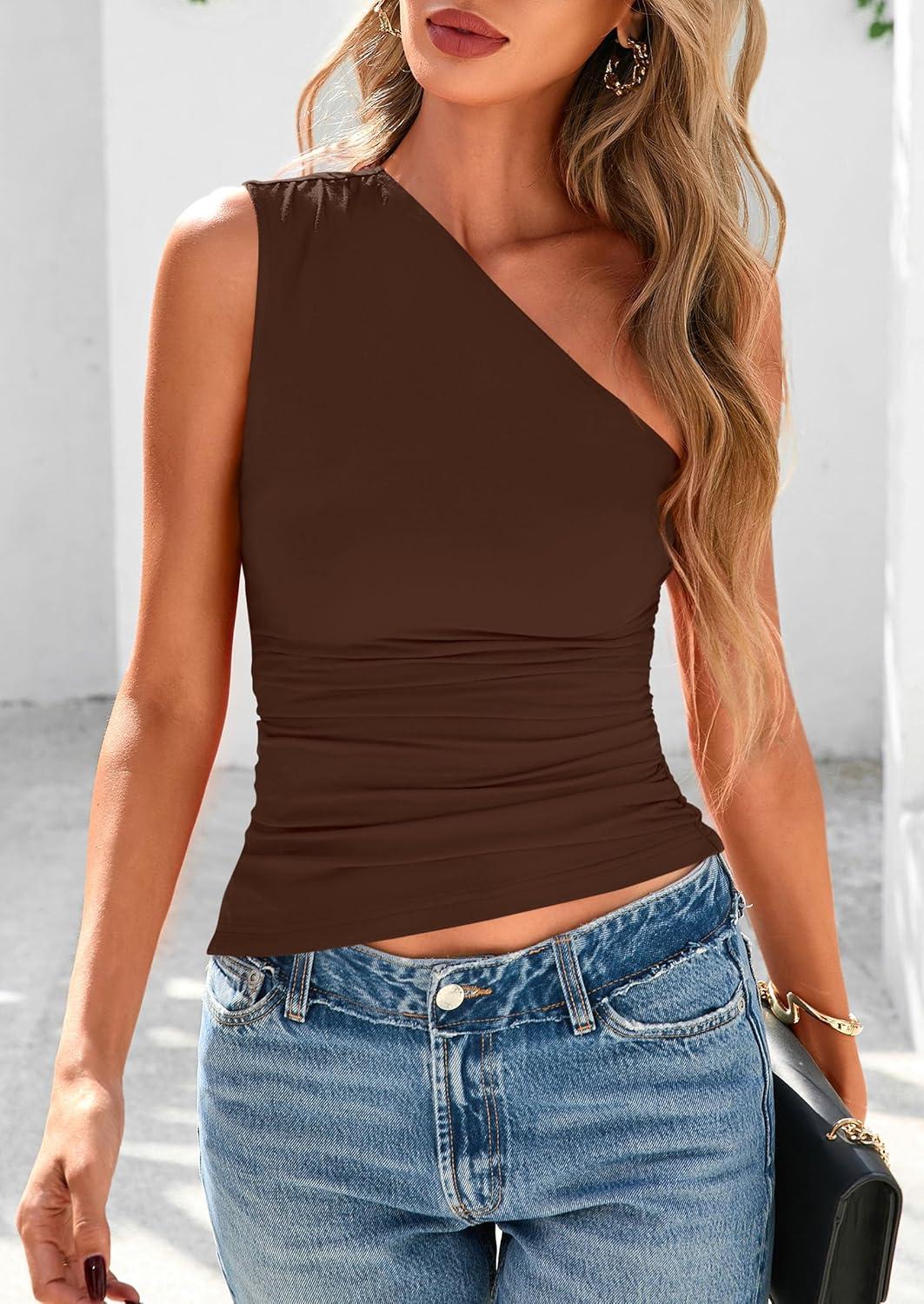 imagePRETTYGARDEN Womens 2026 Summer Y2K Tops Sleeveless One Shoulder Slim Fit Shirts Ruched Knit Asymmetrical Top BlouseBrown
