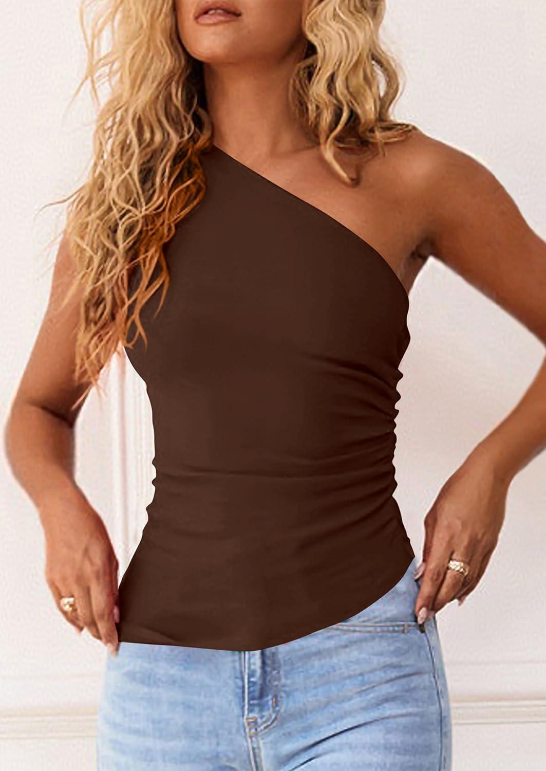 imagePRETTYGARDEN Womens 2026 Summer Y2K Tops Sleeveless One Shoulder Slim Fit Shirts Ruched Knit Asymmetrical Top BlouseBrown