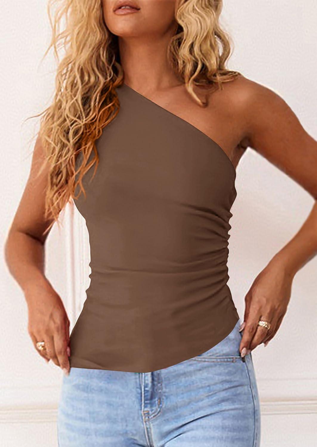 imagePRETTYGARDEN Womens 2026 Summer Y2K Tops Sleeveless One Shoulder Slim Fit Shirts Ruched Knit Asymmetrical Top BlouseCoffee