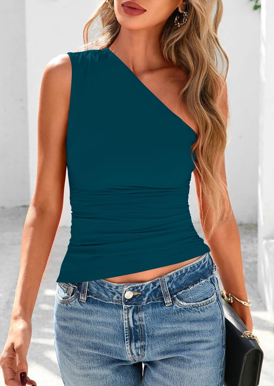 imagePRETTYGARDEN Womens 2026 Summer Y2K Tops Sleeveless One Shoulder Slim Fit Shirts Ruched Knit Asymmetrical Top BlouseDark Blue