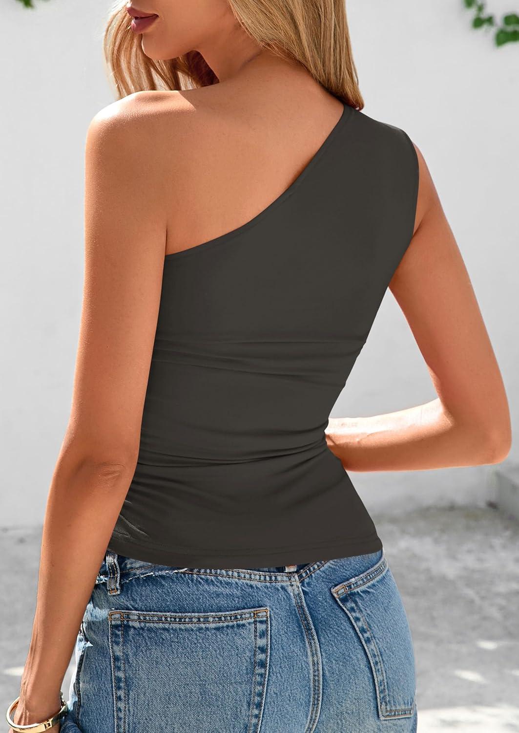 imagePRETTYGARDEN Womens 2026 Summer Y2K Tops Sleeveless One Shoulder Slim Fit Shirts Ruched Knit Asymmetrical Top BlouseDark Grey