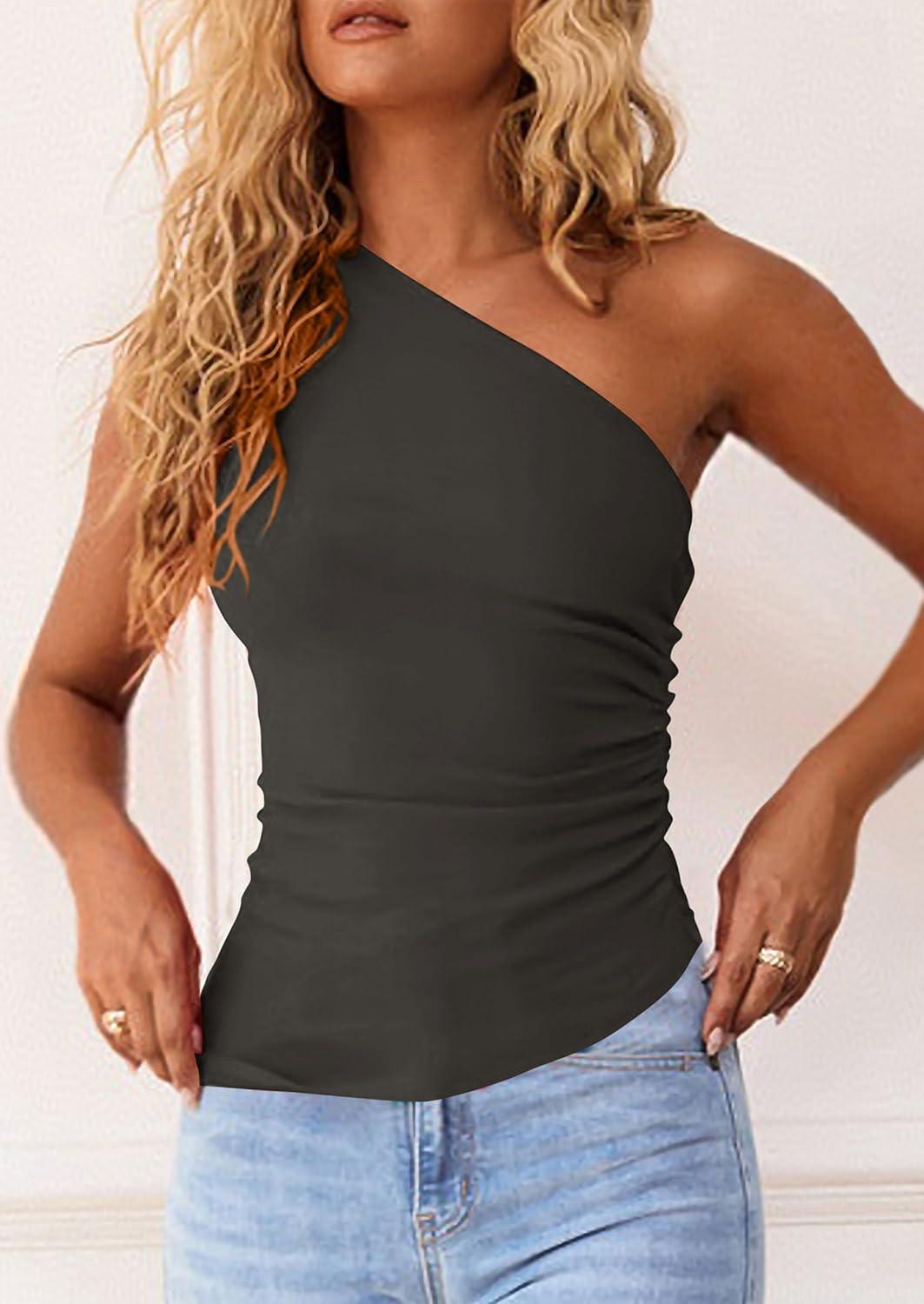 imagePRETTYGARDEN Womens 2026 Summer Y2K Tops Sleeveless One Shoulder Slim Fit Shirts Ruched Knit Asymmetrical Top BlouseDark Grey