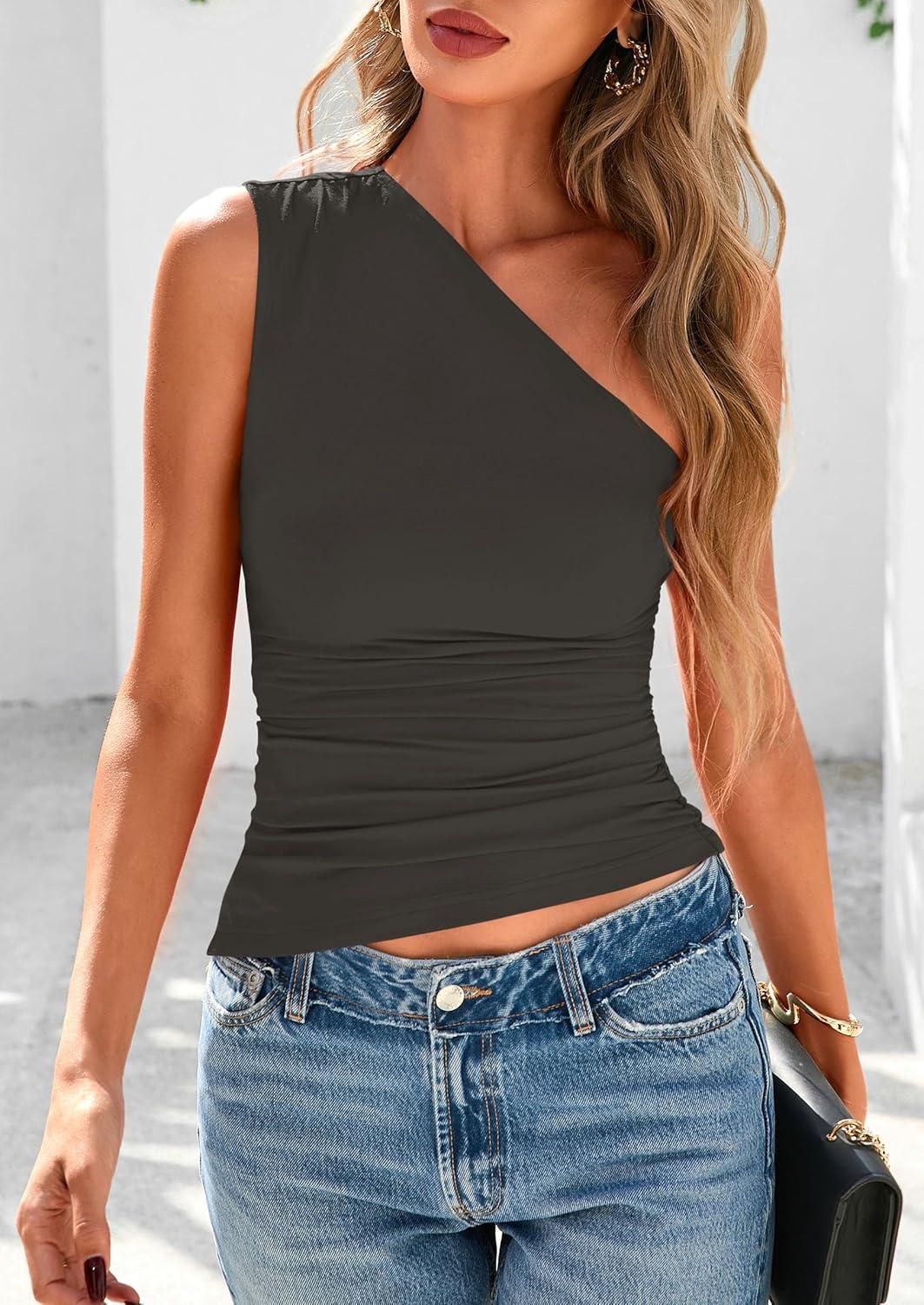 imagePRETTYGARDEN Womens 2026 Summer Y2K Tops Sleeveless One Shoulder Slim Fit Shirts Ruched Knit Asymmetrical Top BlouseDark Grey