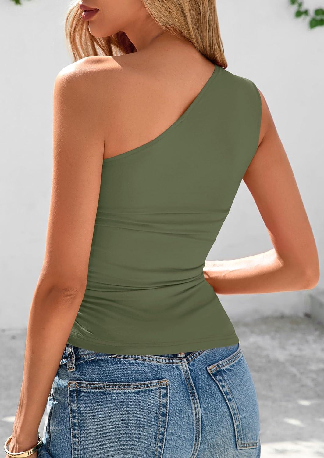imagePRETTYGARDEN Womens 2026 Summer Y2K Tops Sleeveless One Shoulder Slim Fit Shirts Ruched Knit Asymmetrical Top BlouseGrey Green