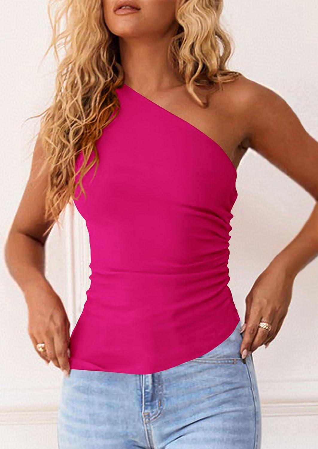 imagePRETTYGARDEN Womens 2026 Summer Y2K Tops Sleeveless One Shoulder Slim Fit Shirts Ruched Knit Asymmetrical Top BlouseRose Red