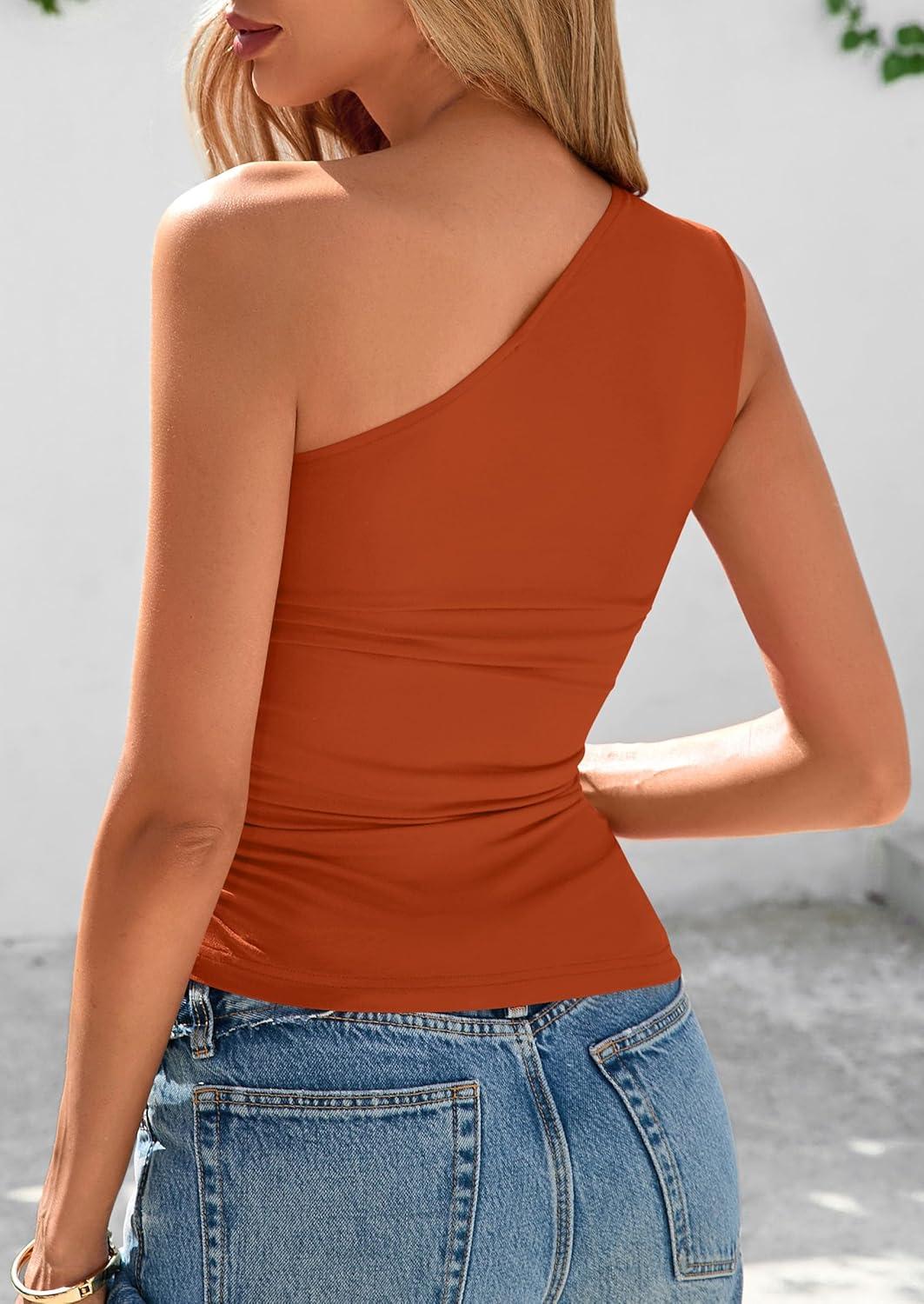 imagePRETTYGARDEN Womens 2026 Summer Y2K Tops Sleeveless One Shoulder Slim Fit Shirts Ruched Knit Asymmetrical Top BlouseRust Red