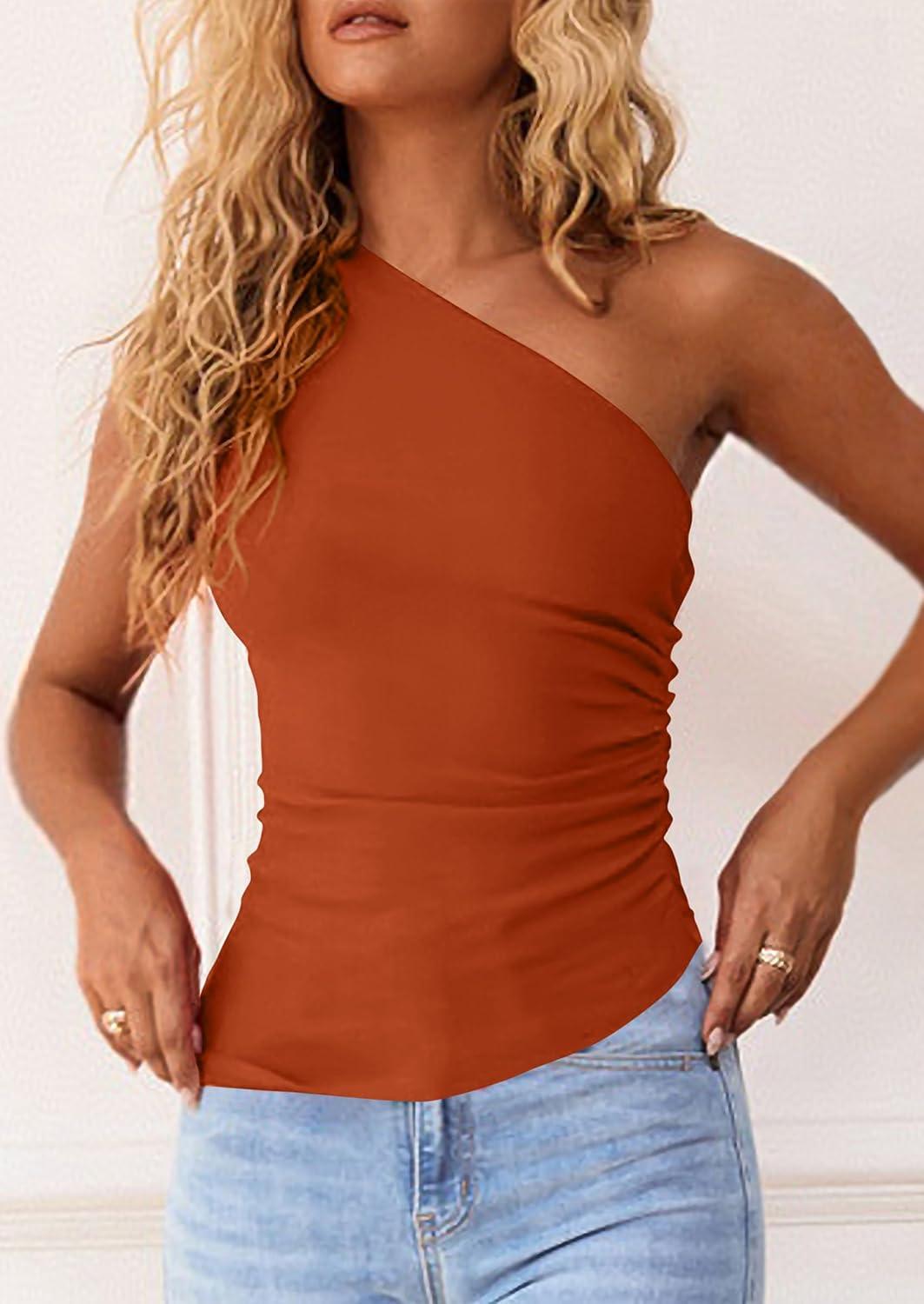 imagePRETTYGARDEN Womens 2026 Summer Y2K Tops Sleeveless One Shoulder Slim Fit Shirts Ruched Knit Asymmetrical Top BlouseRust Red