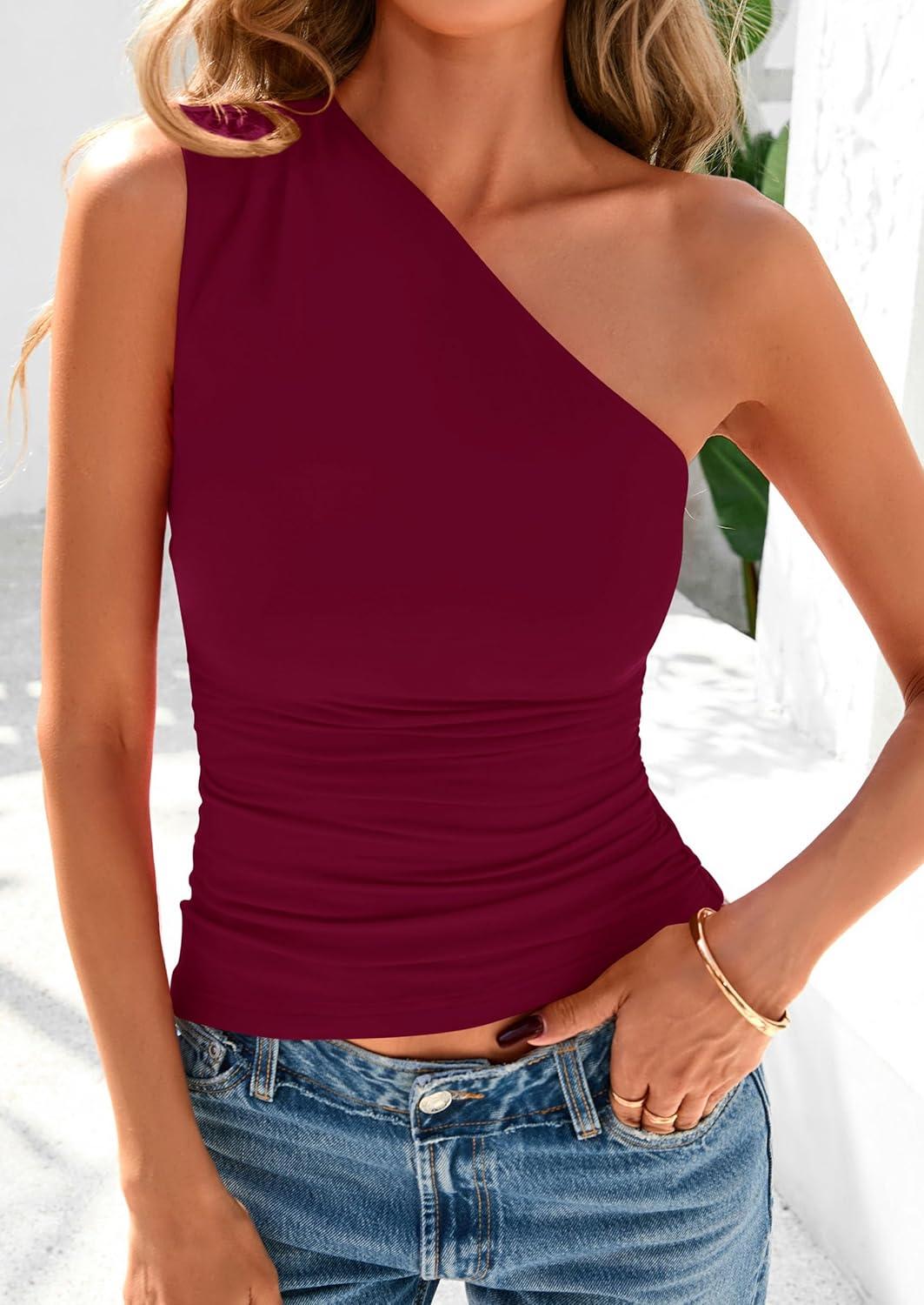 imagePRETTYGARDEN Womens 2026 Summer Y2K Tops Sleeveless One Shoulder Slim Fit Shirts Ruched Knit Asymmetrical Top BlouseWine Red