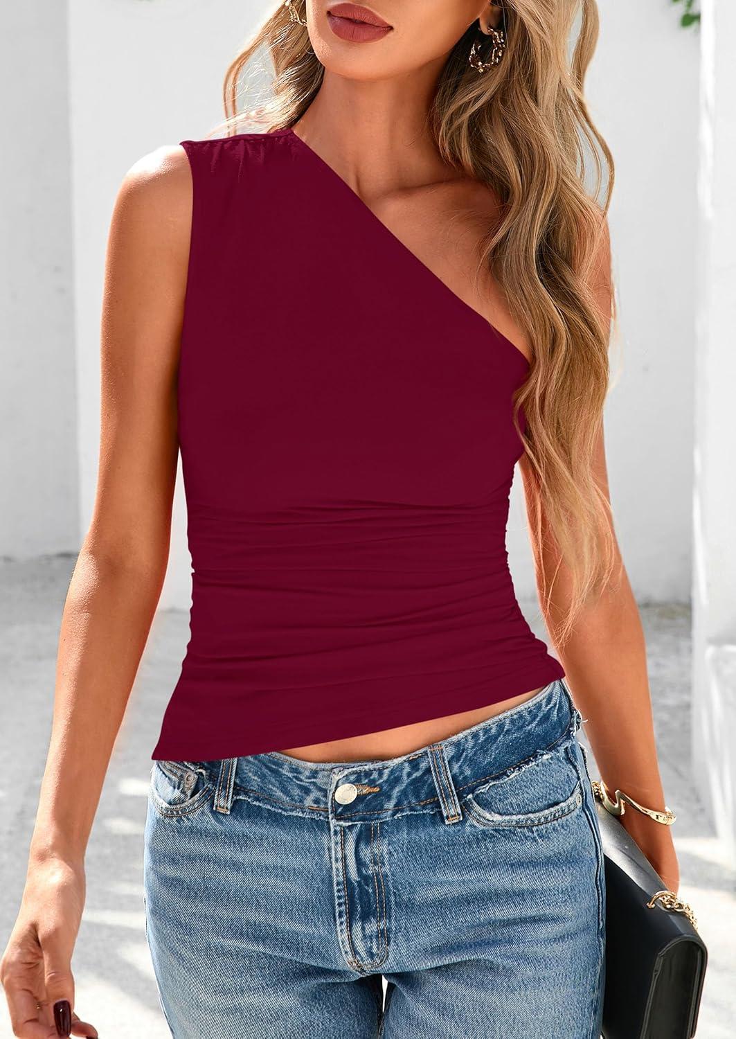 imagePRETTYGARDEN Womens 2026 Summer Y2K Tops Sleeveless One Shoulder Slim Fit Shirts Ruched Knit Asymmetrical Top BlouseWine Red