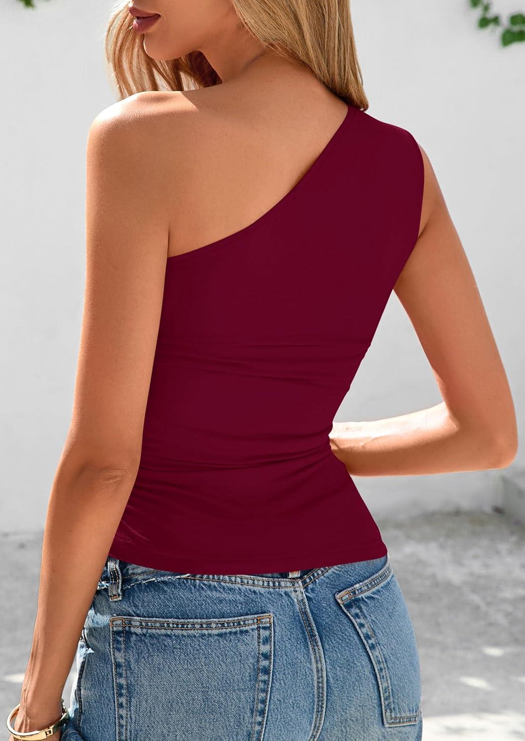 imagePRETTYGARDEN Womens 2026 Summer Y2K Tops Sleeveless One Shoulder Slim Fit Shirts Ruched Knit Asymmetrical Top BlouseWine Red