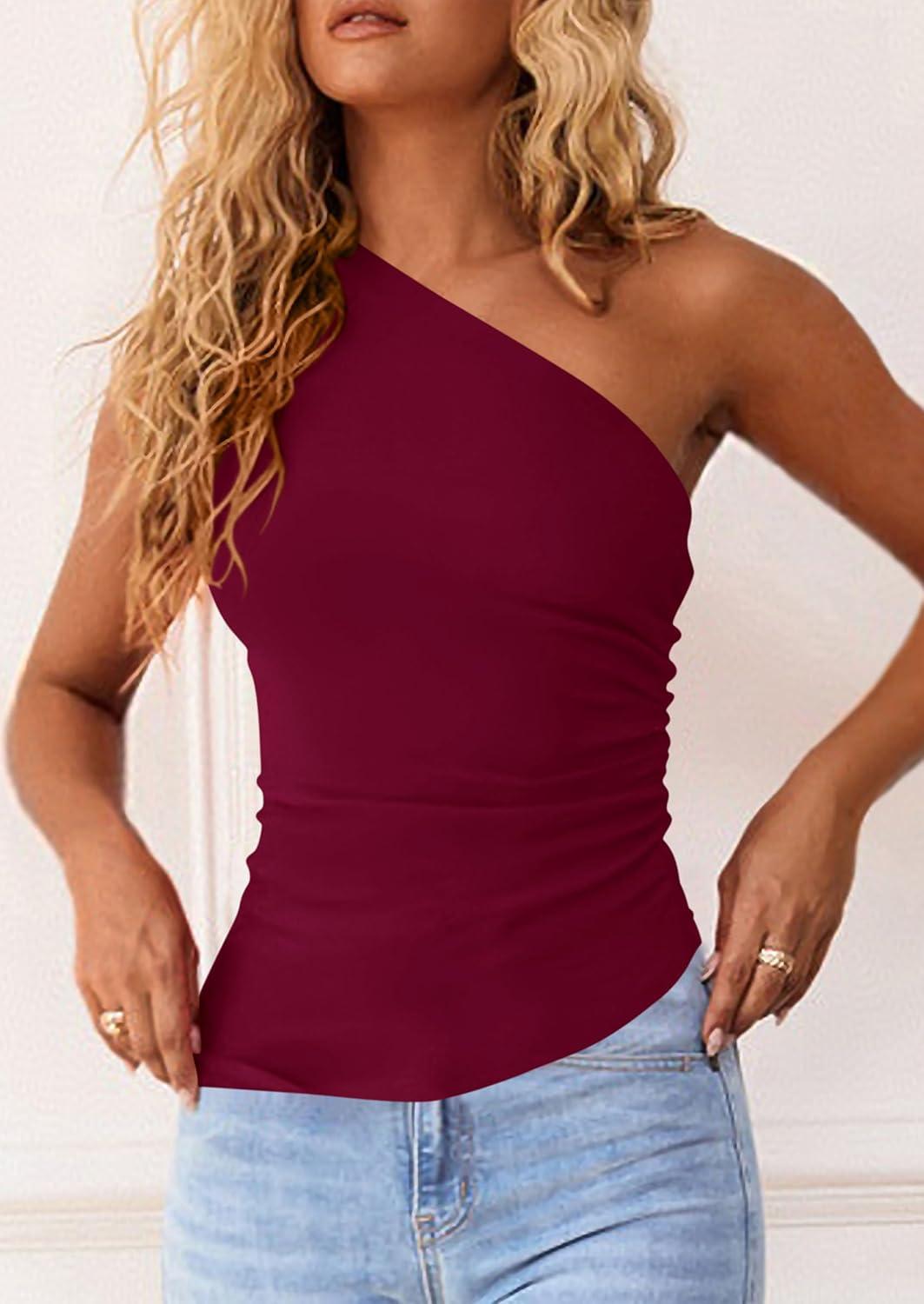imagePRETTYGARDEN Womens 2026 Summer Y2K Tops Sleeveless One Shoulder Slim Fit Shirts Ruched Knit Asymmetrical Top BlouseWine Red