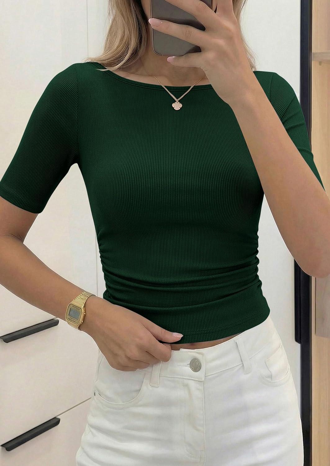 imagePRETTYGARDEN Womens Summer Short Sleeve Tops Boat Neck Ribbed Knit Slim Fit T Shirt Casual Basic Top 2026 Spring ClothesDark Green