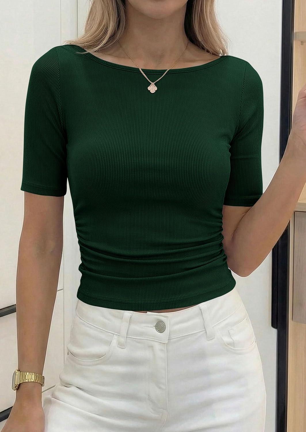 imagePRETTYGARDEN Womens Summer Short Sleeve Tops Boat Neck Ribbed Knit Slim Fit T Shirt Casual Basic Top 2026 Spring ClothesDark Green