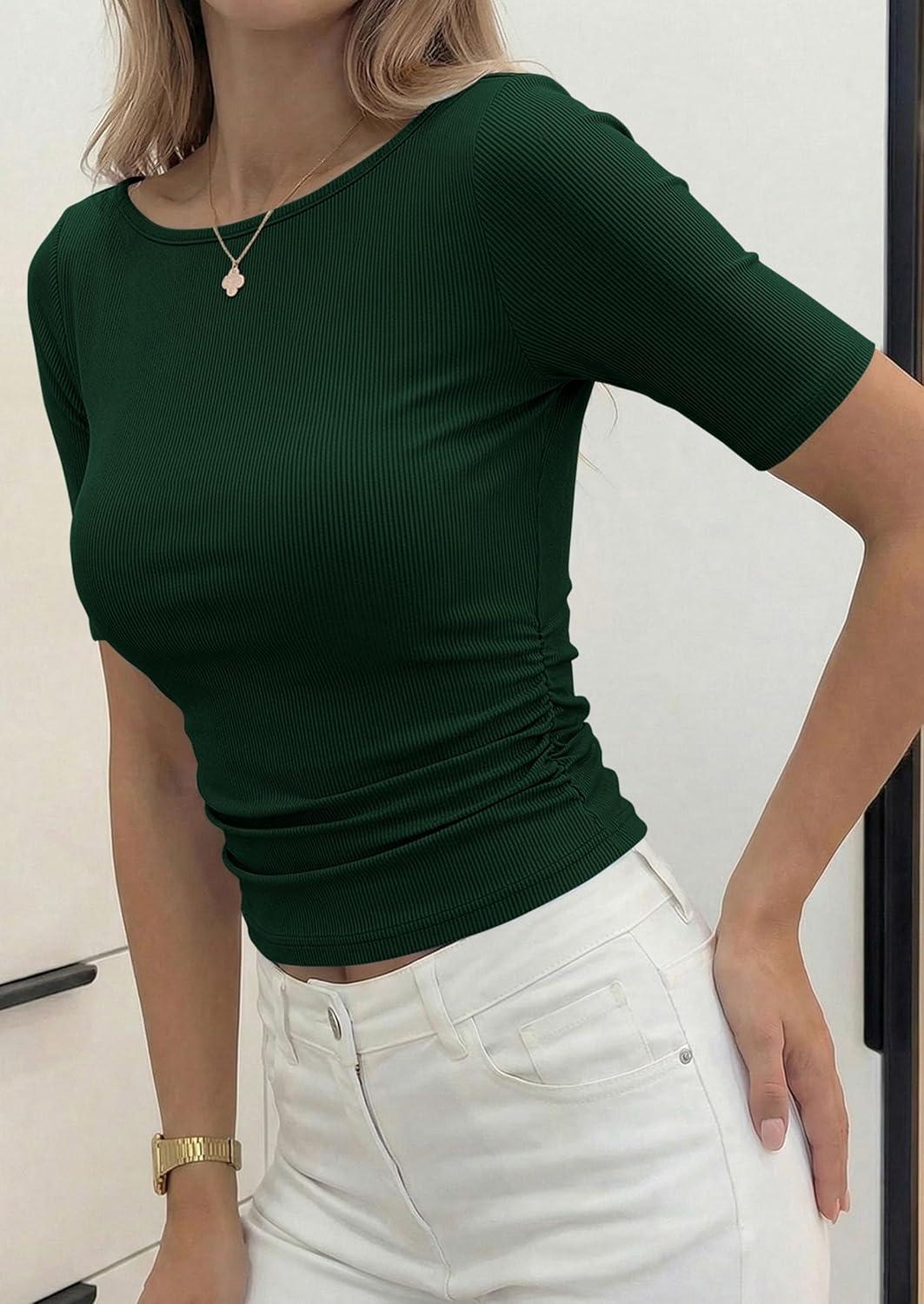 imagePRETTYGARDEN Womens Summer Short Sleeve Tops Boat Neck Ribbed Knit Slim Fit T Shirt Casual Basic Top 2026 Spring ClothesDark Green