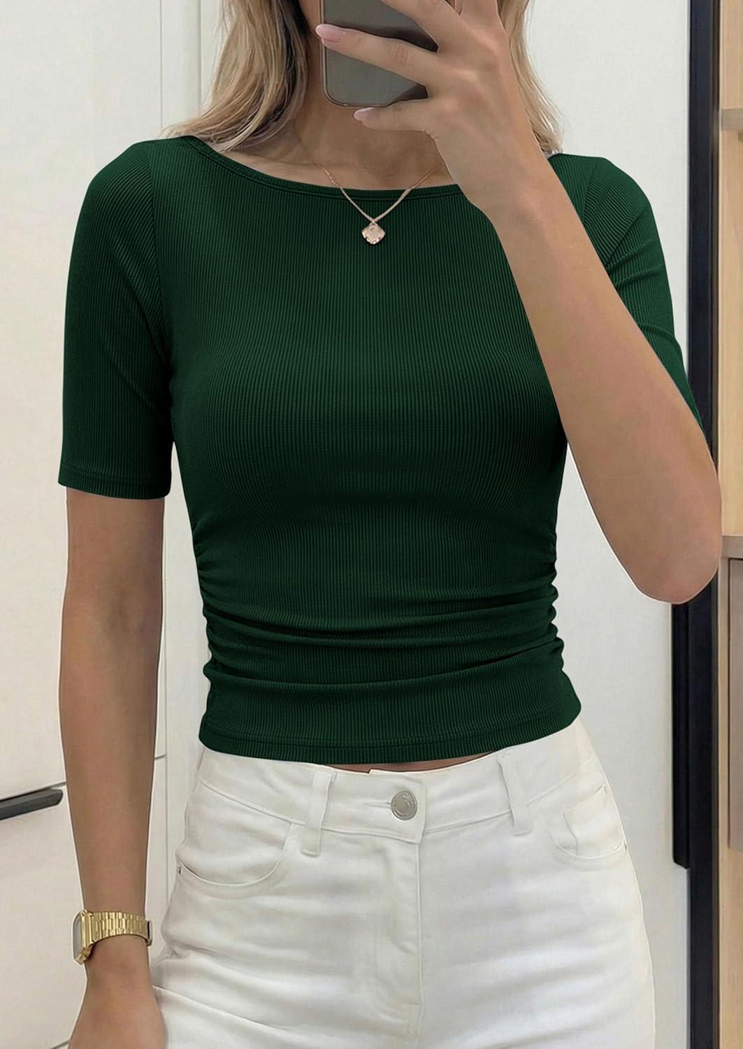 imagePRETTYGARDEN Womens Summer Short Sleeve Tops Boat Neck Ribbed Knit Slim Fit T Shirt Casual Basic Top 2026 Spring ClothesDark Green