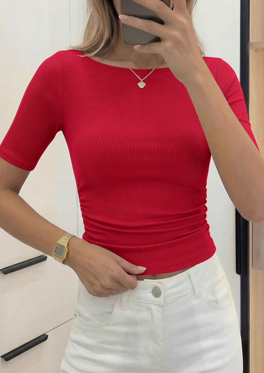 imagePRETTYGARDEN Womens Summer Short Sleeve Tops Boat Neck Ribbed Knit Slim Fit T Shirt Casual Basic Top 2026 Spring ClothesRed