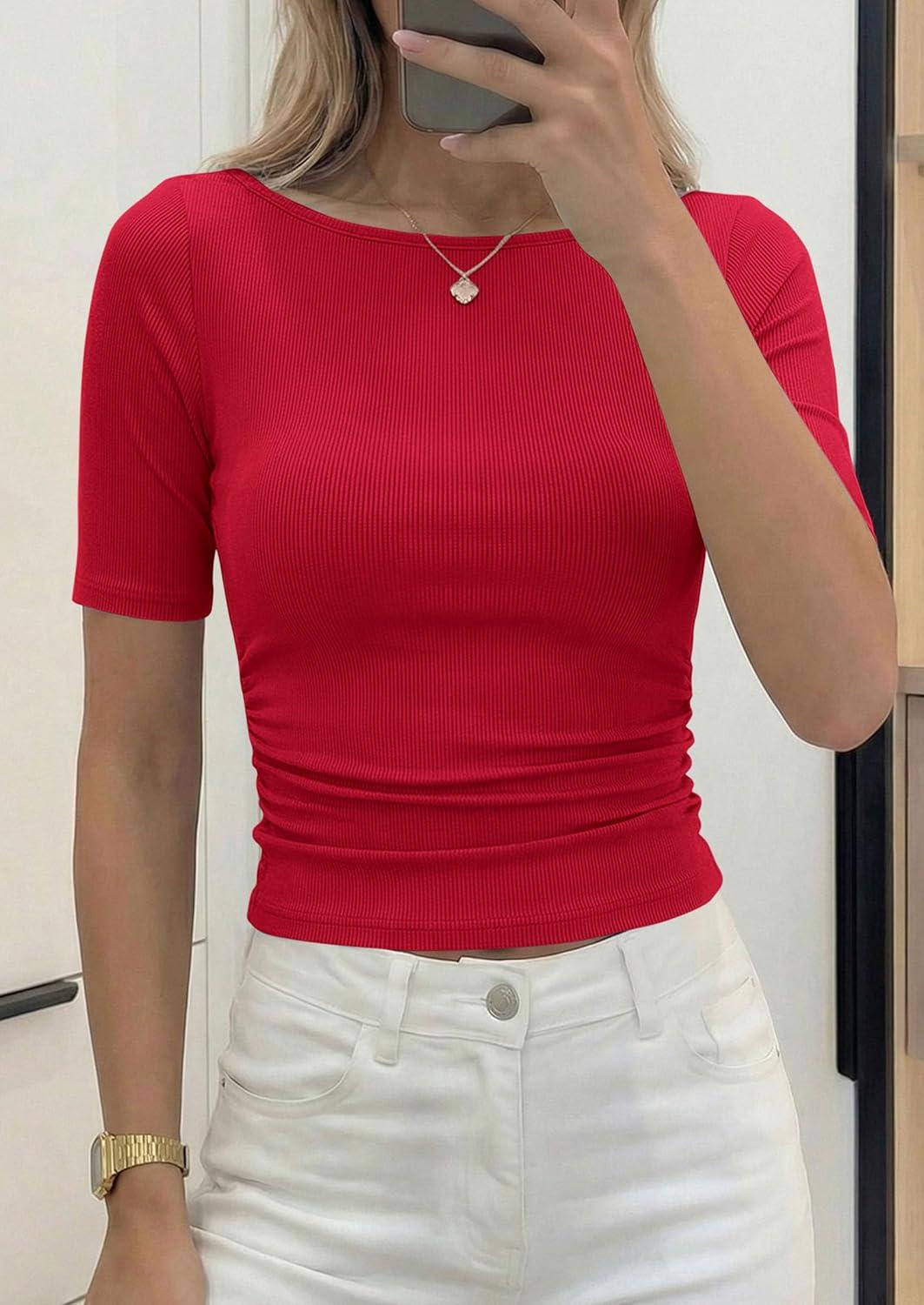 imagePRETTYGARDEN Womens Summer Short Sleeve Tops Boat Neck Ribbed Knit Slim Fit T Shirt Casual Basic Top 2026 Spring ClothesRed