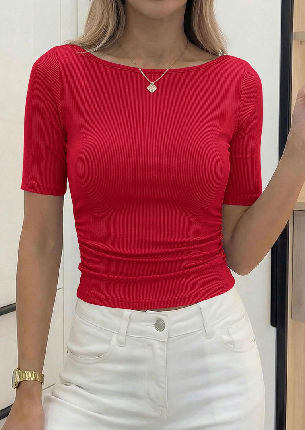 imagePRETTYGARDEN Womens Summer Short Sleeve Tops Boat Neck Ribbed Knit Slim Fit T Shirt Casual Basic Top 2026 Spring ClothesRed