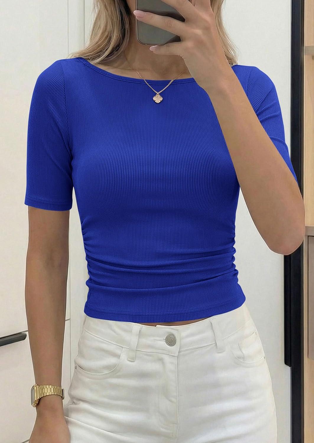 imagePRETTYGARDEN Womens Summer Short Sleeve Tops Boat Neck Ribbed Knit Slim Fit T Shirt Casual Basic Top 2026 Spring ClothesRoyal Blue