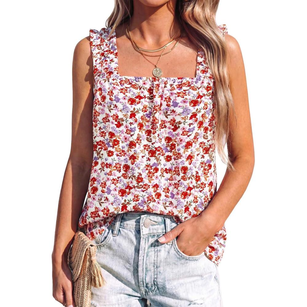 imagePRETTYGARDEN Boho Floral Tank Tops for Women Shirred Straps Pleated Summer Casual Sleeveless Shirts Tops Beach BlousesWhite Red Floral