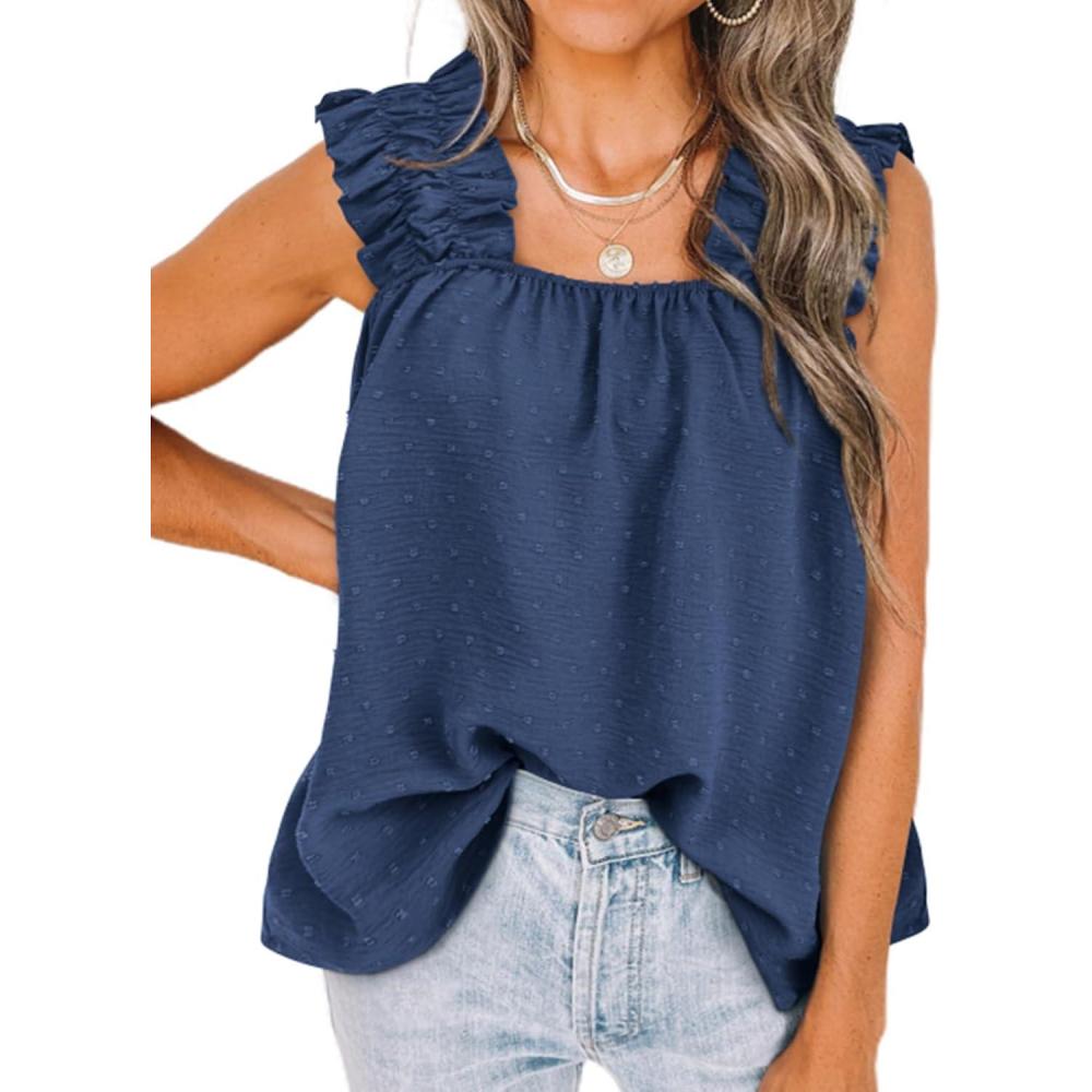 imagePRETTYGARDEN Boho Floral Tank Tops for Women Shirred Straps Pleated Summer Casual Sleeveless Shirts Tops Beach BlousesXdark Blue