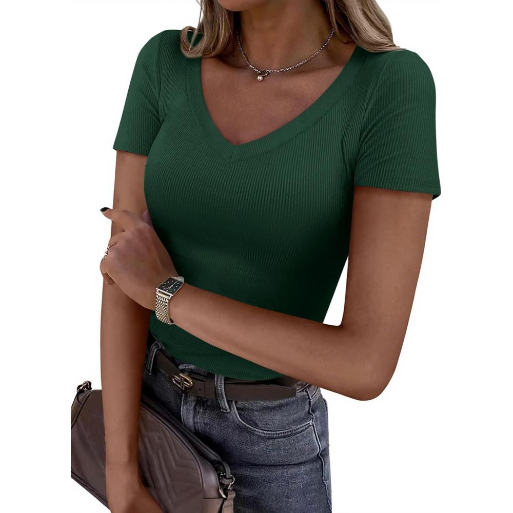 imagePRETTYGARDEN Women 2026 Spring Tops Trendy Ribbed Short Sleeve V Neck Fitted Basic Tee Shirts Casual Going Out Summer OutfitsDark Green