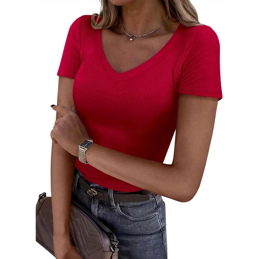 imagePRETTYGARDEN Women 2026 Spring Tops Trendy Ribbed Short Sleeve V Neck Fitted Basic Tee Shirts Casual Going Out Summer OutfitsRed