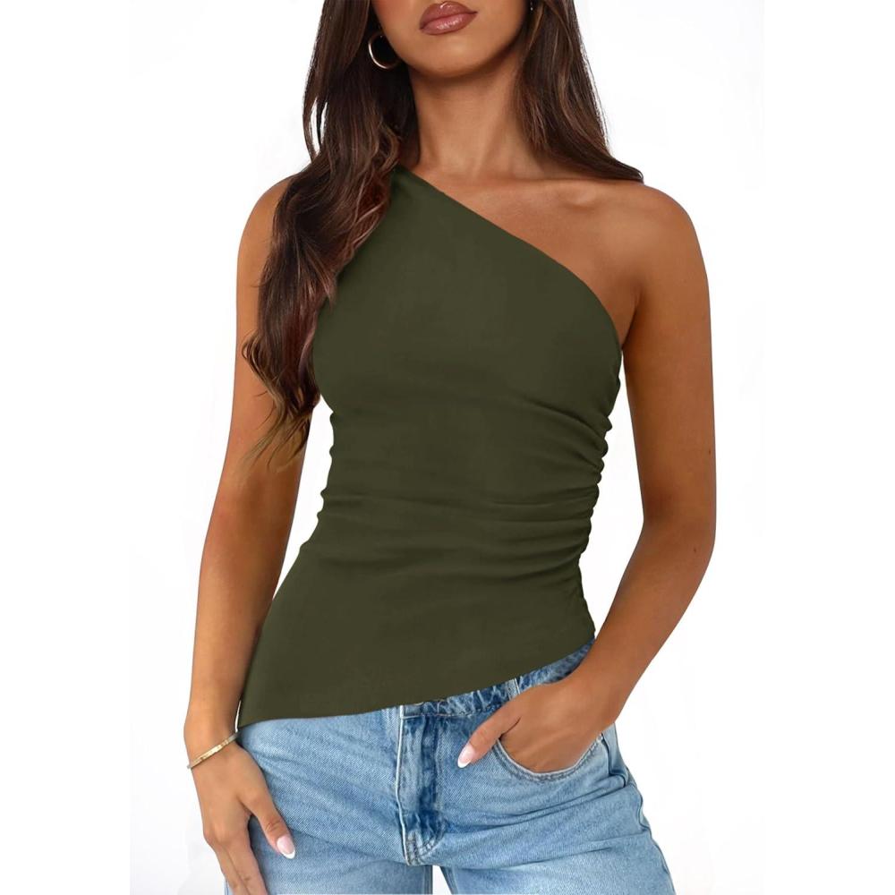 imagePRETTYGARDEN Womens 2026 Summer Y2K Tops Sleeveless One Shoulder Slim Fit Shirts Ruched Knit Asymmetrical Top BlouseArmy Green