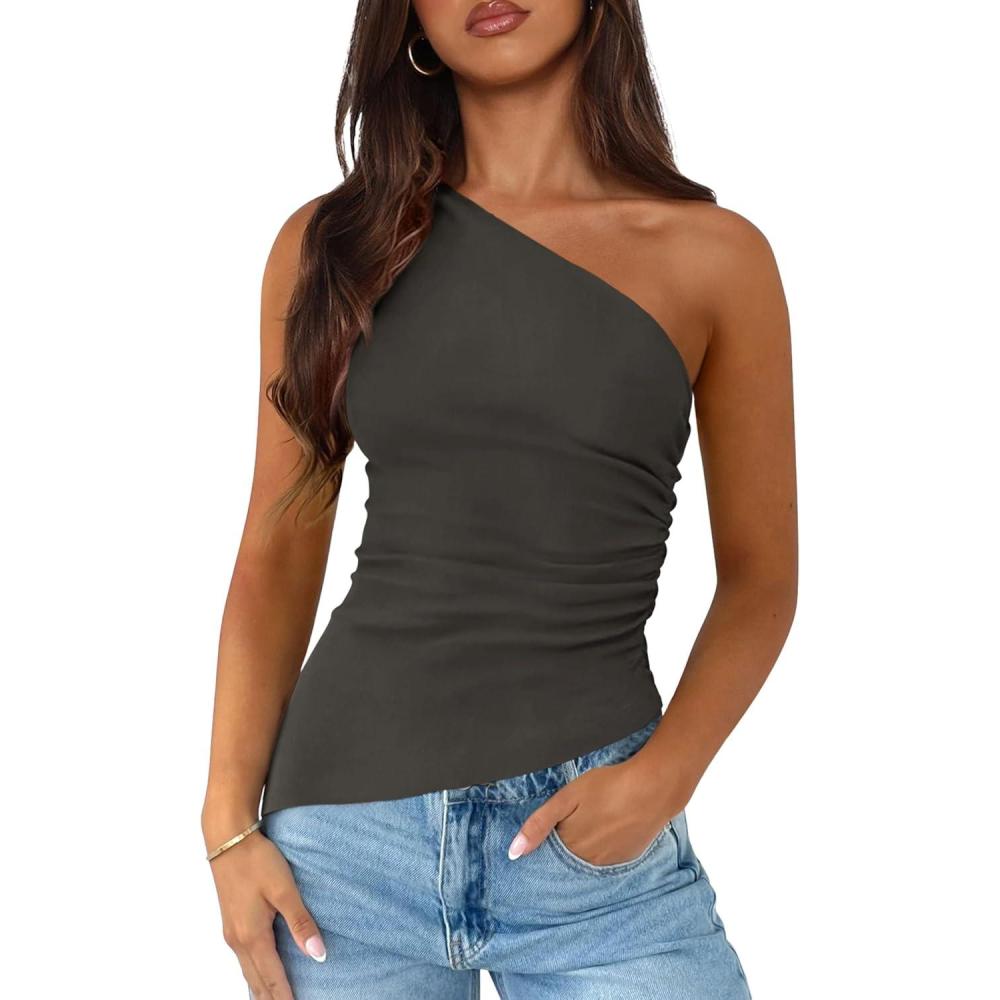 imagePRETTYGARDEN Womens 2026 Summer Y2K Tops Sleeveless One Shoulder Slim Fit Shirts Ruched Knit Asymmetrical Top BlouseDark Grey