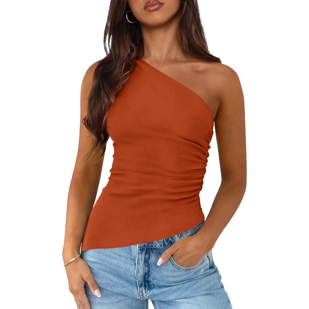 imagePRETTYGARDEN Womens 2026 Summer Y2K Tops Sleeveless One Shoulder Slim Fit Shirts Ruched Knit Asymmetrical Top BlouseRust Red