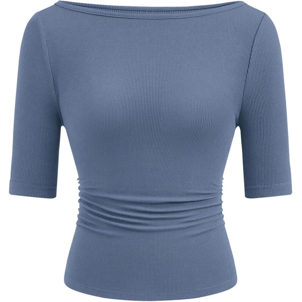 imagePRETTYGARDEN Womens Summer Short Sleeve Tops Boat Neck Ribbed Knit Slim Fit T Shirt Casual Basic Top 2026 Spring ClothesBlue Grey
