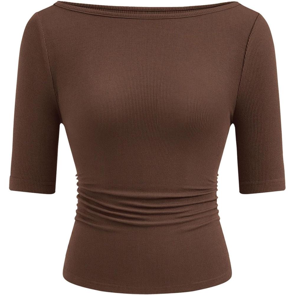 imagePRETTYGARDEN Womens Summer Short Sleeve Tops Boat Neck Ribbed Knit Slim Fit T Shirt Casual Basic Top 2026 Spring ClothesBrown
