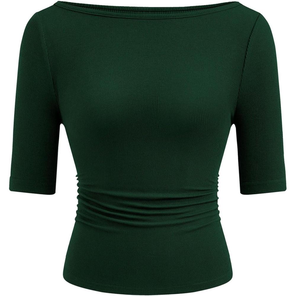 imagePRETTYGARDEN Womens Summer Short Sleeve Tops Boat Neck Ribbed Knit Slim Fit T Shirt Casual Basic Top 2026 Spring ClothesDark Green