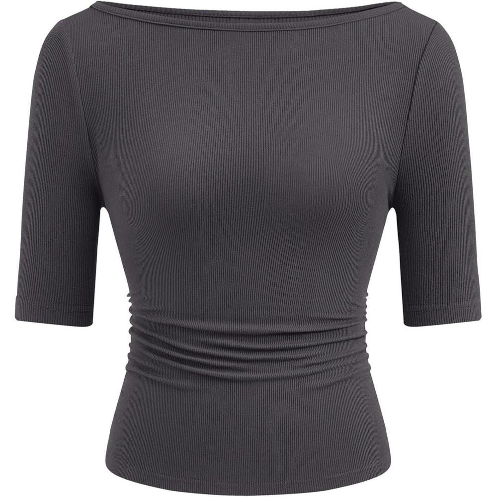 imagePRETTYGARDEN Womens Summer Short Sleeve Tops Boat Neck Ribbed Knit Slim Fit T Shirt Casual Basic Top 2026 Spring ClothesDark Grey