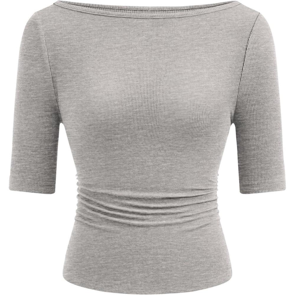 imagePRETTYGARDEN Womens Summer Short Sleeve Tops Boat Neck Ribbed Knit Slim Fit T Shirt Casual Basic Top 2026 Spring ClothesGrey