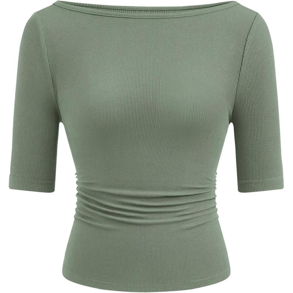 imagePRETTYGARDEN Womens Summer Short Sleeve Tops Boat Neck Ribbed Knit Slim Fit T Shirt Casual Basic Top 2026 Spring ClothesGrey Green