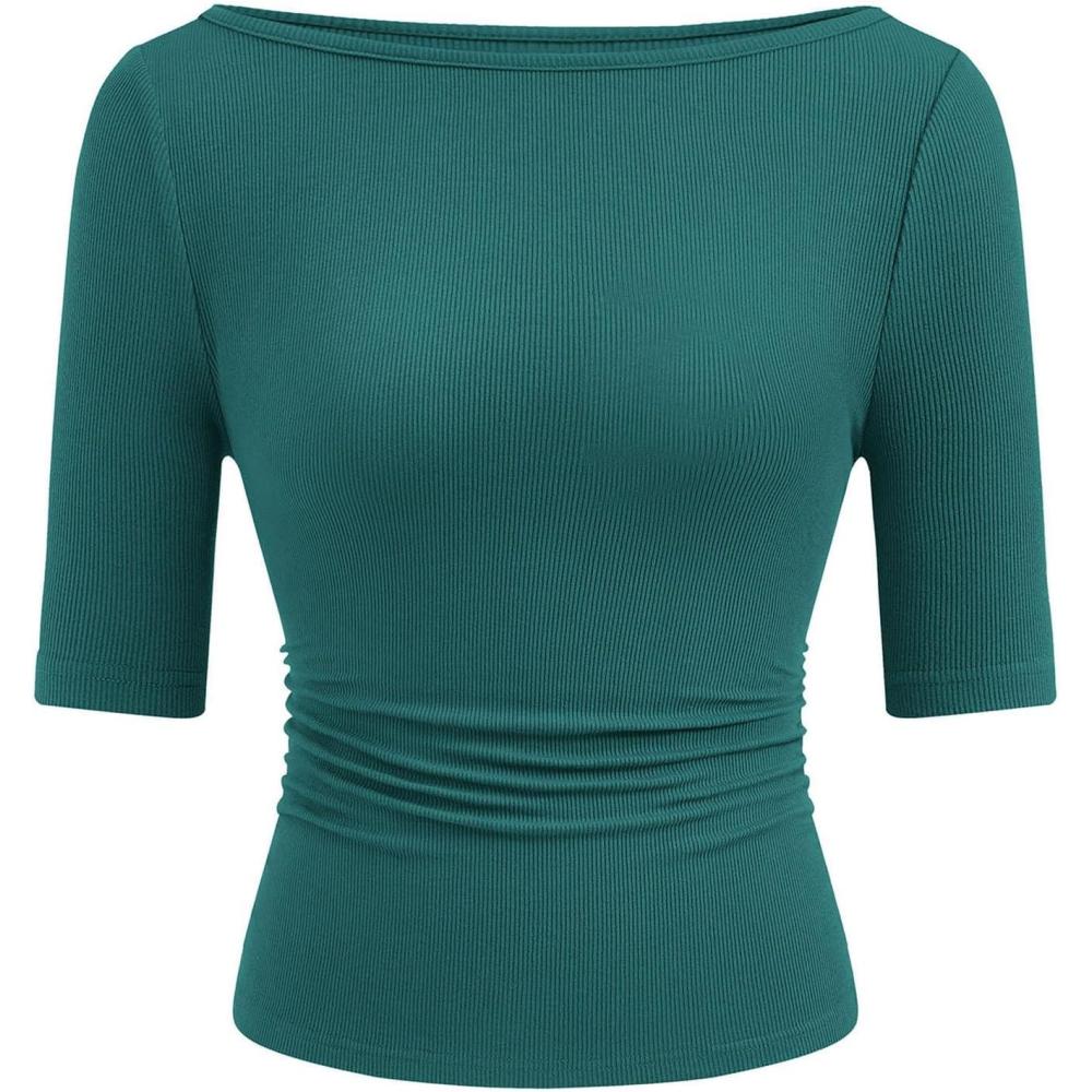 imagePRETTYGARDEN Womens Summer Short Sleeve Tops Boat Neck Ribbed Knit Slim Fit T Shirt Casual Basic Top 2026 Spring ClothesLake Blue