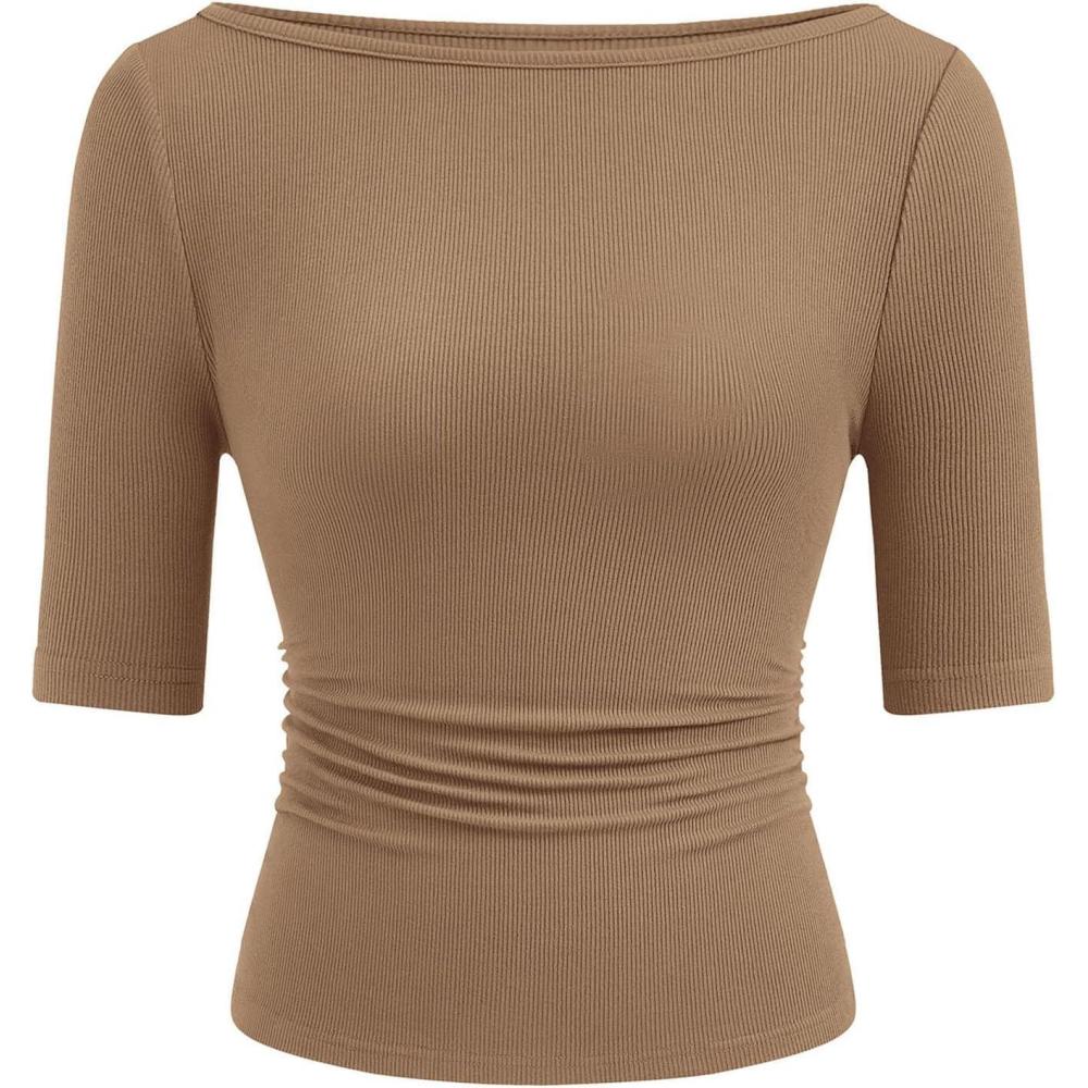 imagePRETTYGARDEN Womens Summer Short Sleeve Tops Boat Neck Ribbed Knit Slim Fit T Shirt Casual Basic Top 2026 Spring ClothesLight Khaki